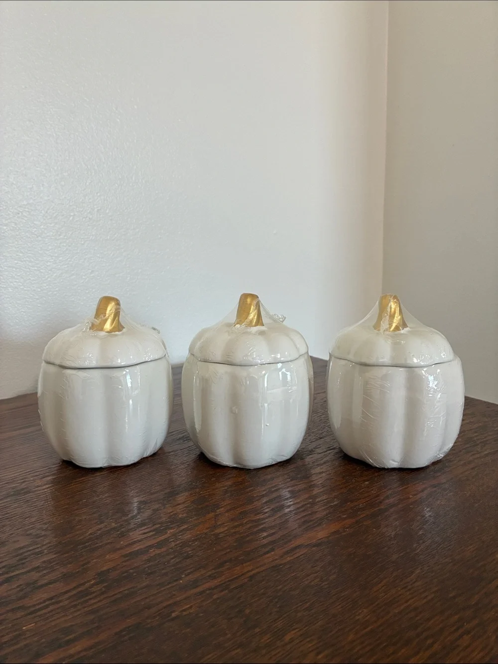 NWT- Set of 3- White Ceramic Pumpkin Jars with Lid & Gold Stems